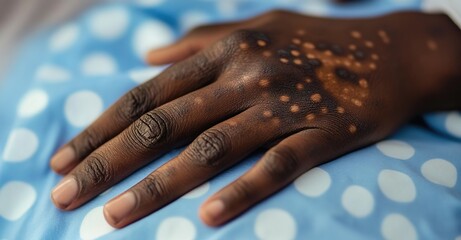 A detailed view of an African American patient's hand showing mpox lesions on a hospital bed, indicating monkeypox symptoms and associated medical treatment.