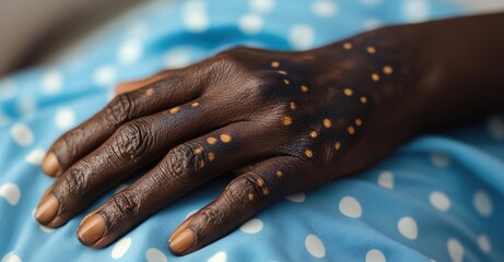 A detailed view of an African American patient's hand showing mpox lesions on a hospital bed, indicating monkeypox symptoms and associated medical treatment.