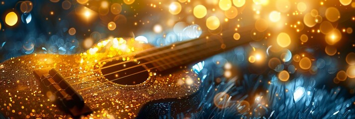 a gold ukulele is surrounded by glitter and is lit up by a light