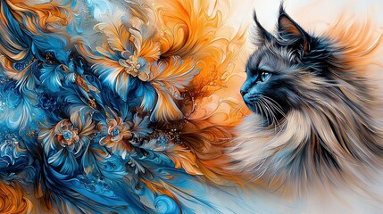 Wall Mural -   A double portrait of two cats with matching blue eyes and colorful flowers adorning their faces