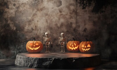 Two skeletons standing in front of glowing jack-o-lanterns on a dark and moody background.