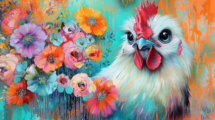 Wall Mural -   A vibrant painting of a rooster amidst a collage of colors featuring blue, orange, pink, and yellow backgrounds, adorned with red, orange, pink, and