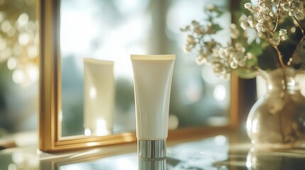 Poster - A tube of cream stands upright, reflecting in a mirror beside delicate flowers in a nicely lit setting, highlighting its elegant design. Generative AI