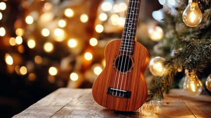 A small wooden ukulele is sitting on a table next to a Christmas tree