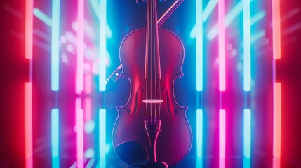 A violin is lit up in neon colors