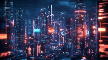 Poster - Futuristic city skyline illuminated by neon lights at night, showcasing advanced architecture and bustling urban life