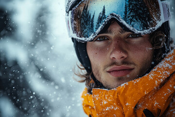 Close-up portrait of a young man wearing ski goggles and a bright orange jacket, standing in a snowy landscape.