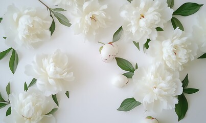 Canvas Print - White Peonies and Green Leaves Scattered on a White Background