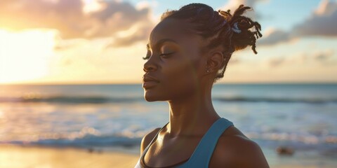 Sticker - Individual engaging in stretching and fitness on a beach, contemplating running and cardio health. Focus on athlete preparing for a warm-up workout in a natural setting