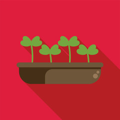 Poster - Four leaf clovers are growing in a pot with a long shadow on a red background