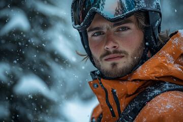 A young man in a bright orange ski jacket stares intensely into the camera as snow falls around him.