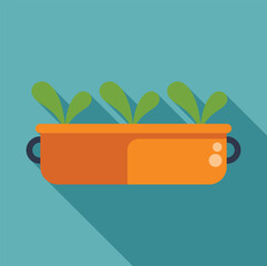 Wall Mural - Orange planter box with herbs growing in a window box with a long shadow on a blue background