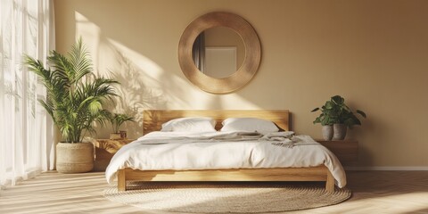 Wall Mural - A serene bedroom with a wooden bed, soft plush pillows, and soothing beige tones. Warm natural light enhances this tranquil space, ideal for relaxation and stylish simplicity inspiration