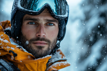 A young man wearing a ski helmet and goggles looks intently into the camera while snowflakes fall around him.