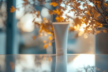 Aufkleber - A tube of cream stands on a table, reflecting in a mirror while surrounded by warm autumn foliage in soft evening light. Generative AI