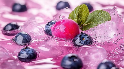 Wall Mural -   Blueberries, raspberries, and mint in ice cubes with a green leaf on top