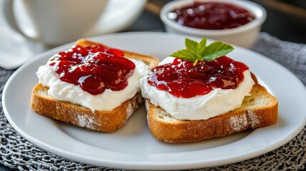 Poster - A plate with two pieces of bread topped with cream and jelly, AI