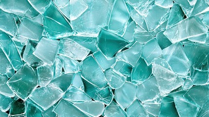   A wooden table holds a large pile of shattered glass, with the wall behind it mirroring the same condition