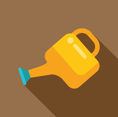 Wall Mural - Yellow watering can casting long shadow on brown background, flat design icon