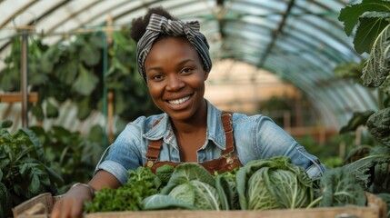 Farmer with vegetables basket in greenhouse, emphasizing agriculture and sustainability. Young worker with groceries box, highlighting green product harvest for healthy eating