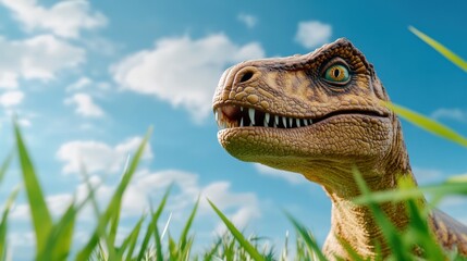 Wall Mural - A close up of a dinosaur in the grass with clouds behind it, AI