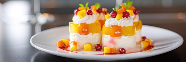 Poster - Colorful fruity dessert topped with creamy vanilla, resembling candy corn.