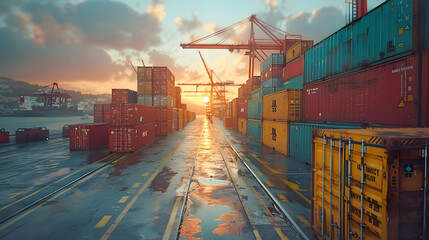 Poster - Cargo Containers at Sunset Illustration