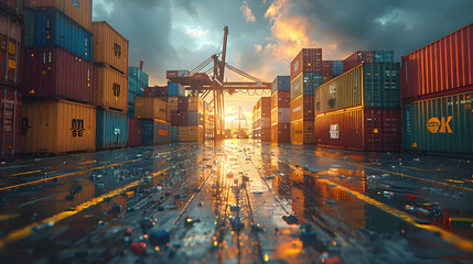 Poster - Cargo Containers at Sunset - A 3D Illustration