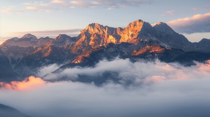 golden hour on a foggy mountain ridge, with the sunlight illuminating the peaks and creating a majestic and peaceful atmosphere, with copy space for text