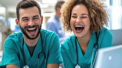 Canvas Print - Two people in scrubs laughing while looking at a laptop, AI