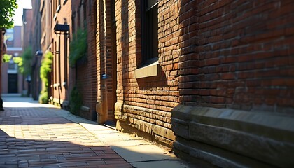 Wall Mural - In a peaceful corner of the ancient city street, the brick wall building exudes historical charm, and the sun shines on the ground through the windows, presenting a warm color.