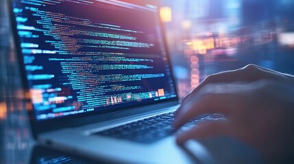 Software engineers use laptops to develop software with javascript and binary code on virtual screens, showcasing digital technology and software development. 
