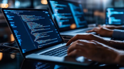Software engineers use laptops to develop software with javascript and binary code on virtual screens, showcasing digital technology and software development. 