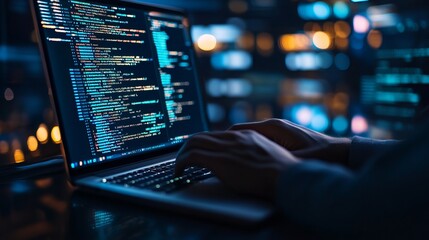 Software engineers use laptops to develop software with javascript and binary code on virtual screens, showcasing digital technology and software development. 