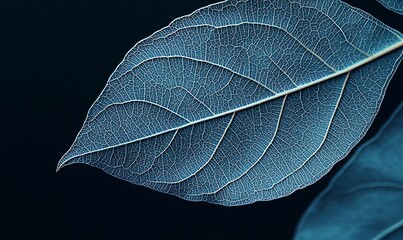 Canvas Print - A Single Blue Leaf Vein Pattern Against a Black Background