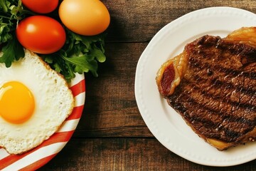 Wall Mural - Delicious breakfast with grilled steak, fried egg, fresh greens, and tomatoes on rustic table