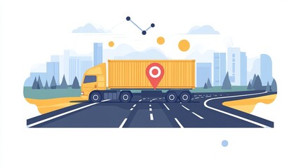 Transport logistics icon, with a route and pin marking the path on the road. This vector illustration can represent navigation, delivery, or travel concepts. 