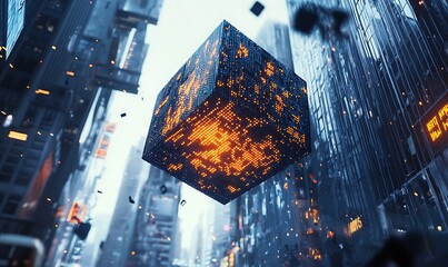 Sticker - A glowing cube suspended in a futuristic city