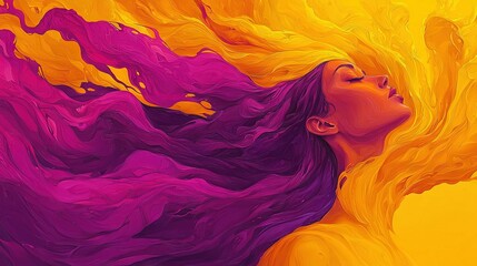   A woman with yellow-purple hair blowing in wind on a yellow background, painted with colors