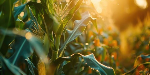 Abundant sweet corn growing in the garden under the rainy season