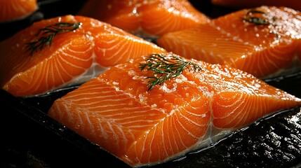 Wall Mural -  Salmon close-up on tray with rosemary sprig