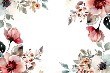 Wall Mural - Watercolor floral painted pattern frame with empty space for design. Elegant flowers and leaves. AI generating