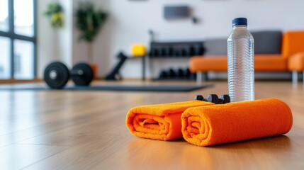 Two orange towels sitting on a wooden floor next to some exercise equipment, AI