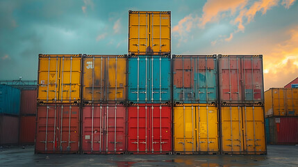 Poster - Colorful Shipping Container Stack Against Cloudy Sky Photograph