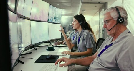 Fototapete - People, control room and group monitor system on satellite maps to track storm weather pattern. Rocket, engineer or launch team on computer screen with ai code, data or brainstorming to explore space
