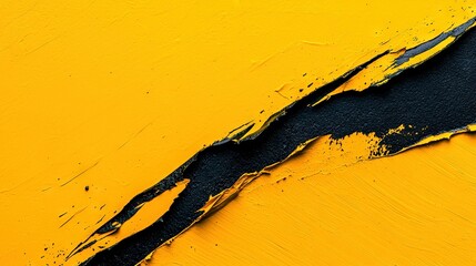 Wall Mural -   A close-up of a yellow and black wall with a crack in its center and a black strip of paint on its side