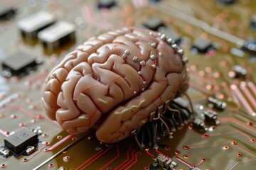 Fototapete - a brain on a circuit board with microchips brain implant enhancing cognitive abilities