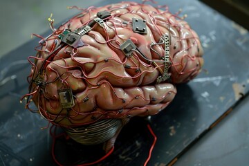 Fototapete - a brain on a circuit board with microchips brain implant enhancing cognitive abilities