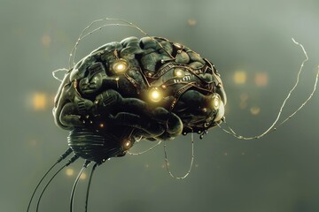 Fototapete - a brain on a circuit board with microchips brain implant enhancing cognitive abilities