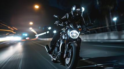 man with helmet and black vest driving a motorcycle on the ROAD WITH SWEEPING EFFECT